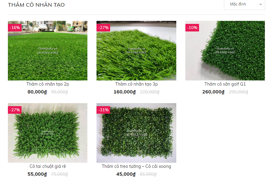 Bảng sản phẩm thảm cỏ nhân tạo do Thảm Giá Rẻ phân phối